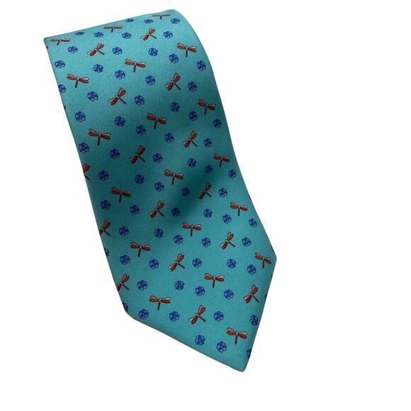 Brooks Brothers Makers Tie Men's Necktie Silk Dragonflies Flowers Turquoise Long - Picture 2 of 6